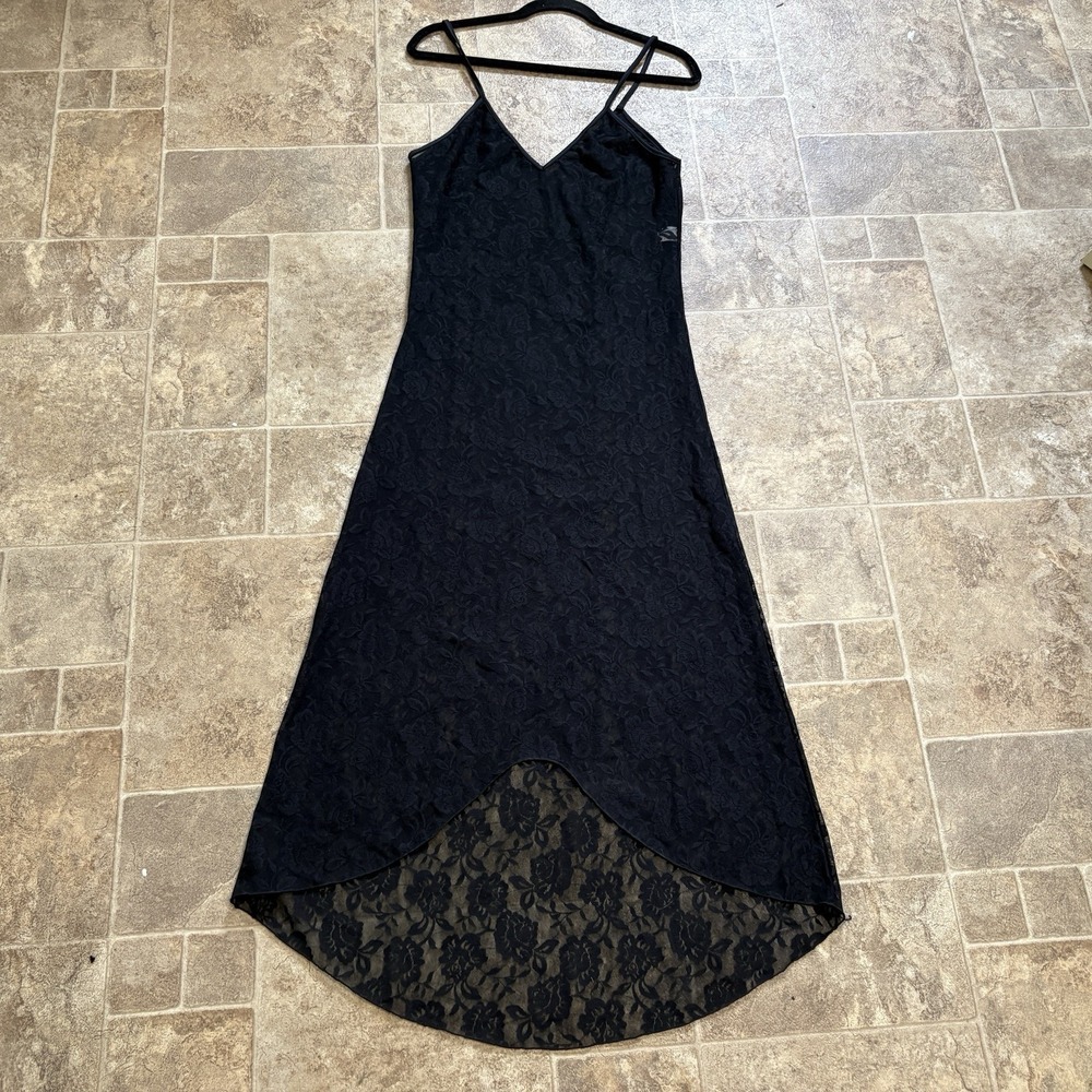 Vtg Elegant Moments Lace Slip Dress L Black Floral High-Low Witchy Whimsigoth